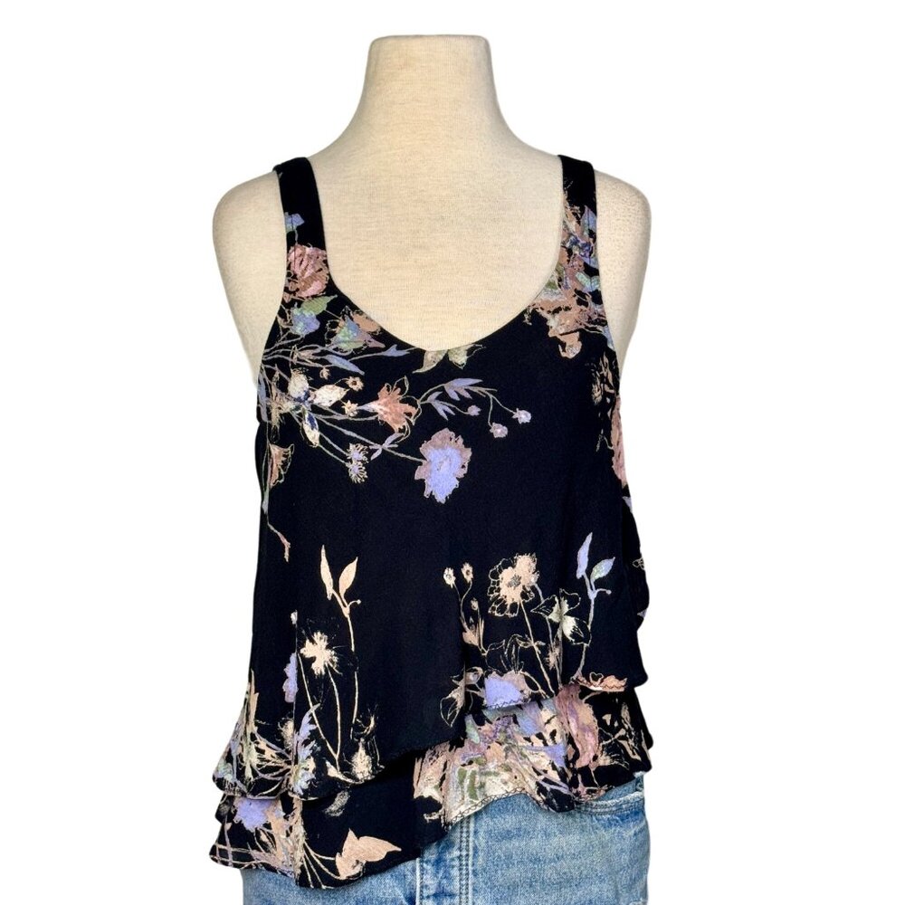 Free People Black Floral Layered V-Neck Low Back Sleeveless Tunic Top Size XS